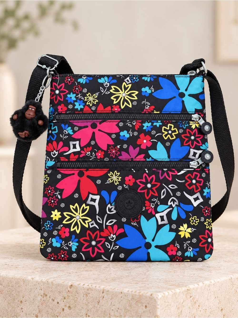 Kipling Keiko Crossbody Bag Black Multi Floral Triple Zip Monkey Charm NWT